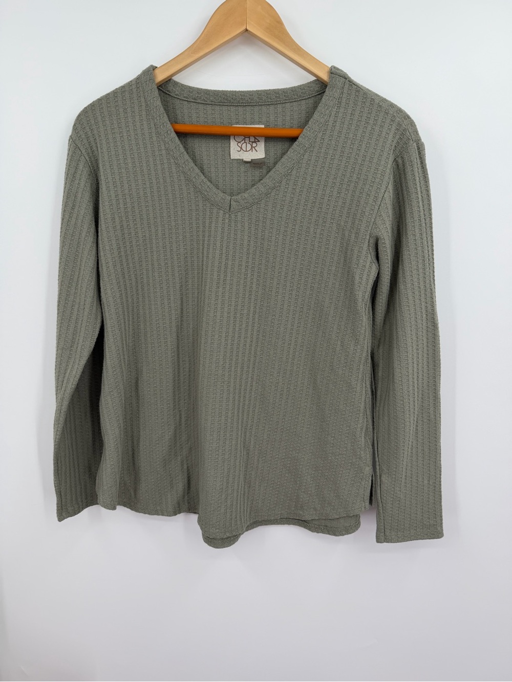 Chaser Waffle Knit Long Sleeve Top S Sage Green V-Neck Stretch
